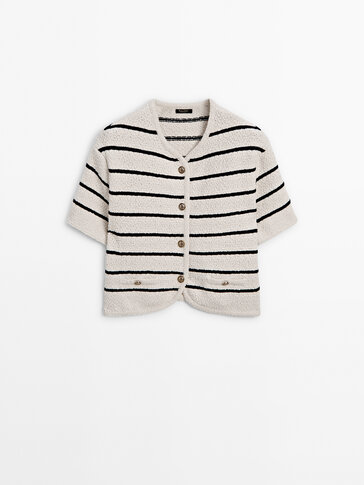 Striped short sleeve textured knit cardigan