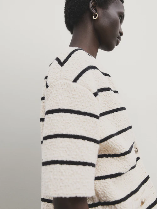 Striped short sleeve textured knit cardigan · Cream · Sweaters And  Cardigans