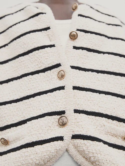 Striped short sleeve textured knit cardigan · Cream · Sweaters And  Cardigans