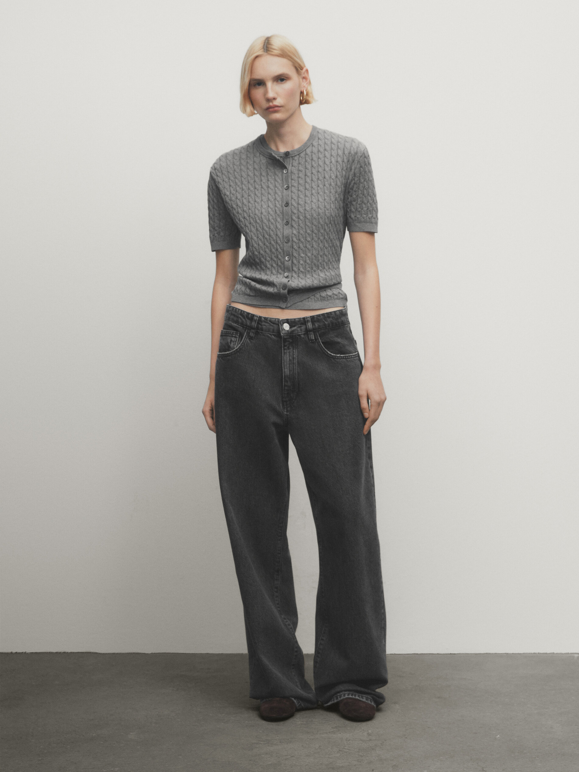 Short sleeve cableknit cardigan · Grey · Sweaters And Cardigans