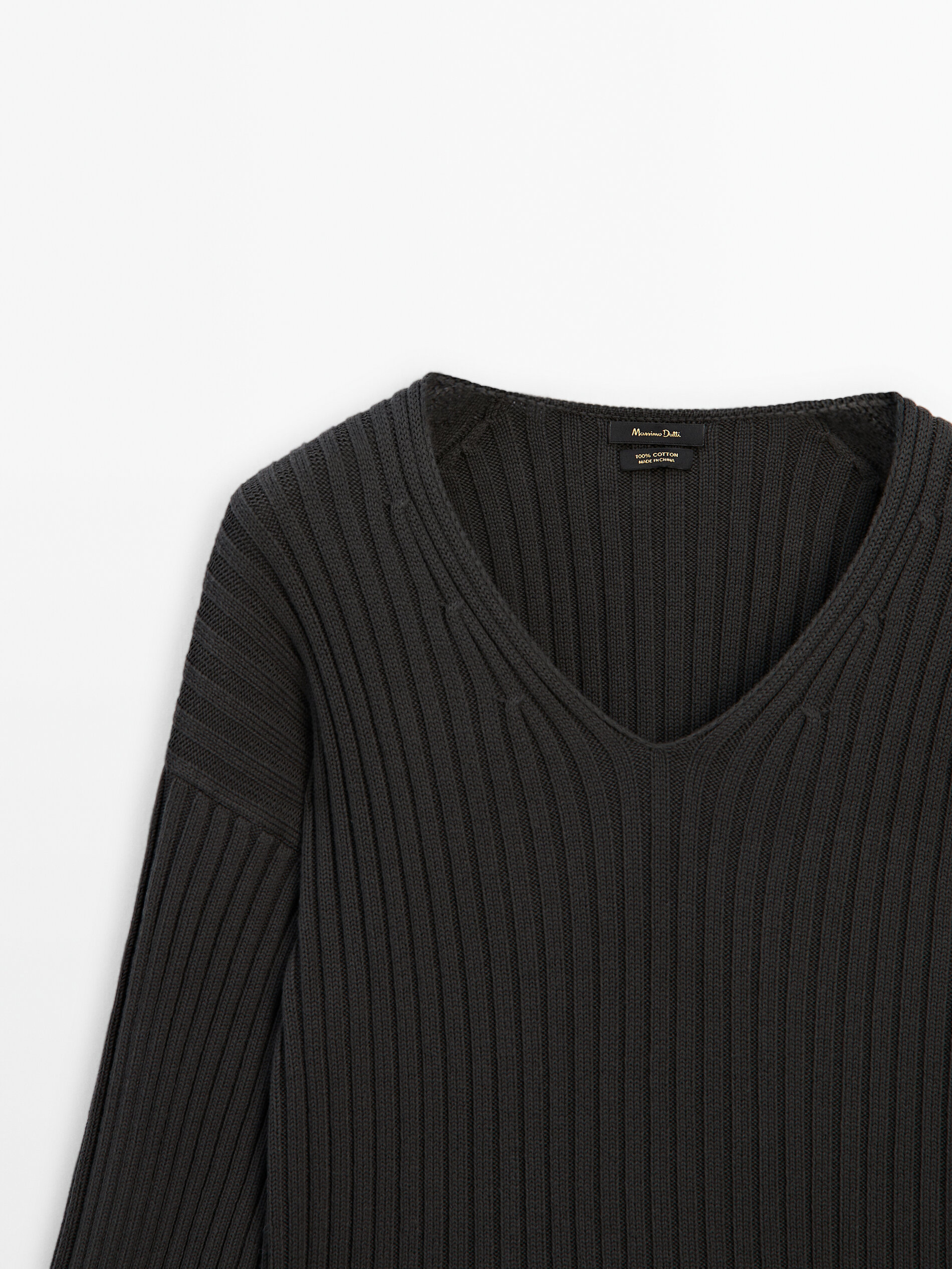 Ribbed knit cotton V-neck sweater · Lead · Sweaters And Cardigans 