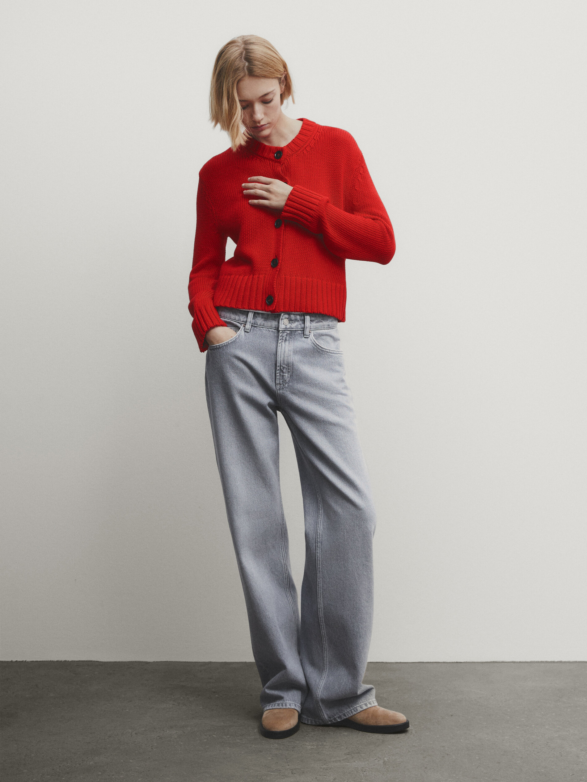 100 cotton knit cardigan with buttons · Red · Sweaters And Cardigans