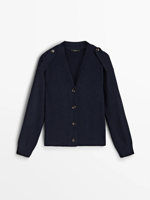 Knit cardigan with buttoned tab detail · Navy Blue · Sweaters And Cardigans