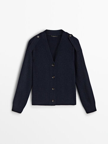 Knit cardigan with buttoned tab detail · Navy Blue · Sweaters And