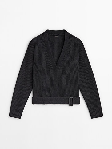 Wool blend knit cardigan with belt detail