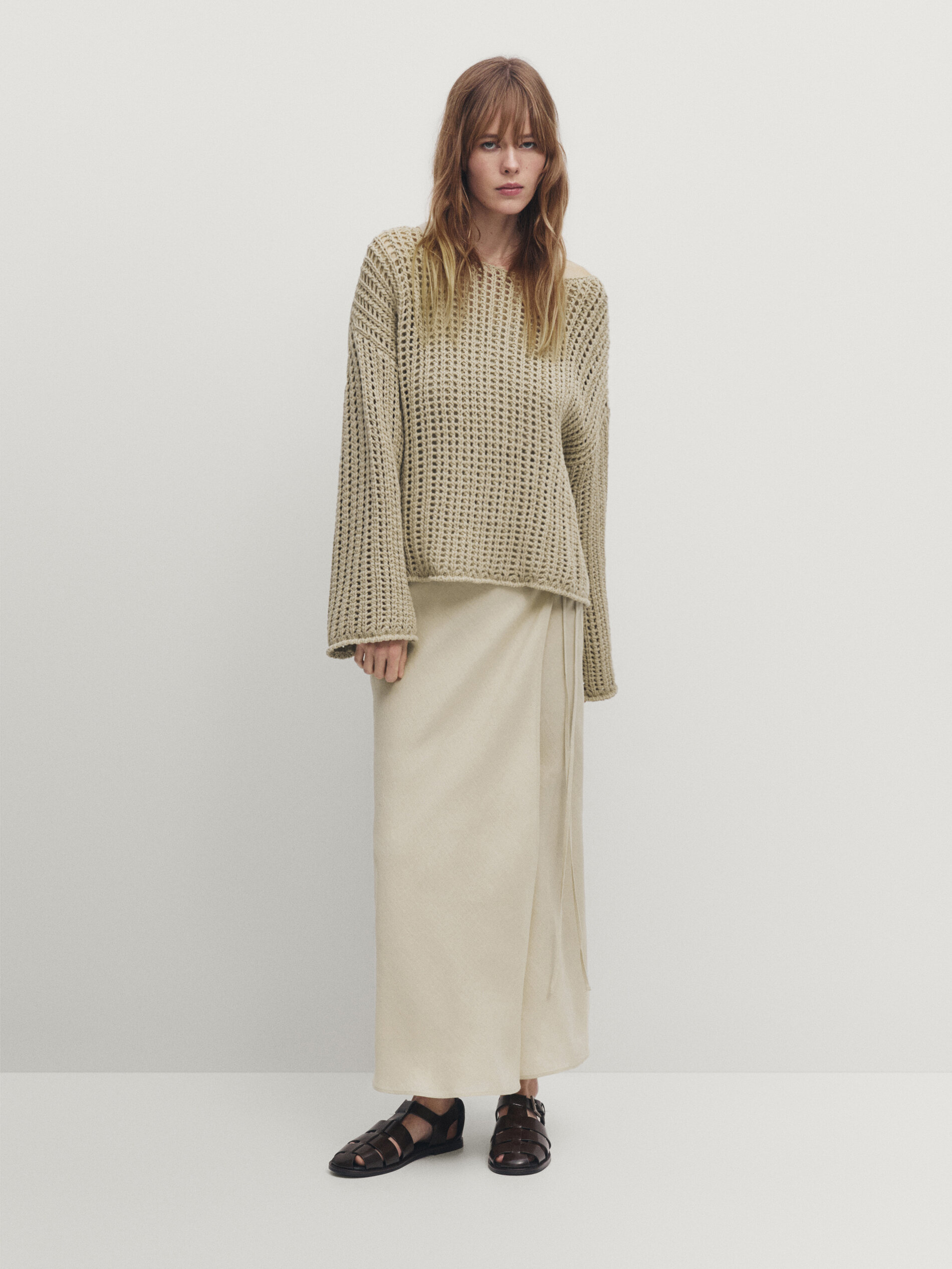 Crew neck open-knit sweater · Camel · Sweaters And Cardigans 
