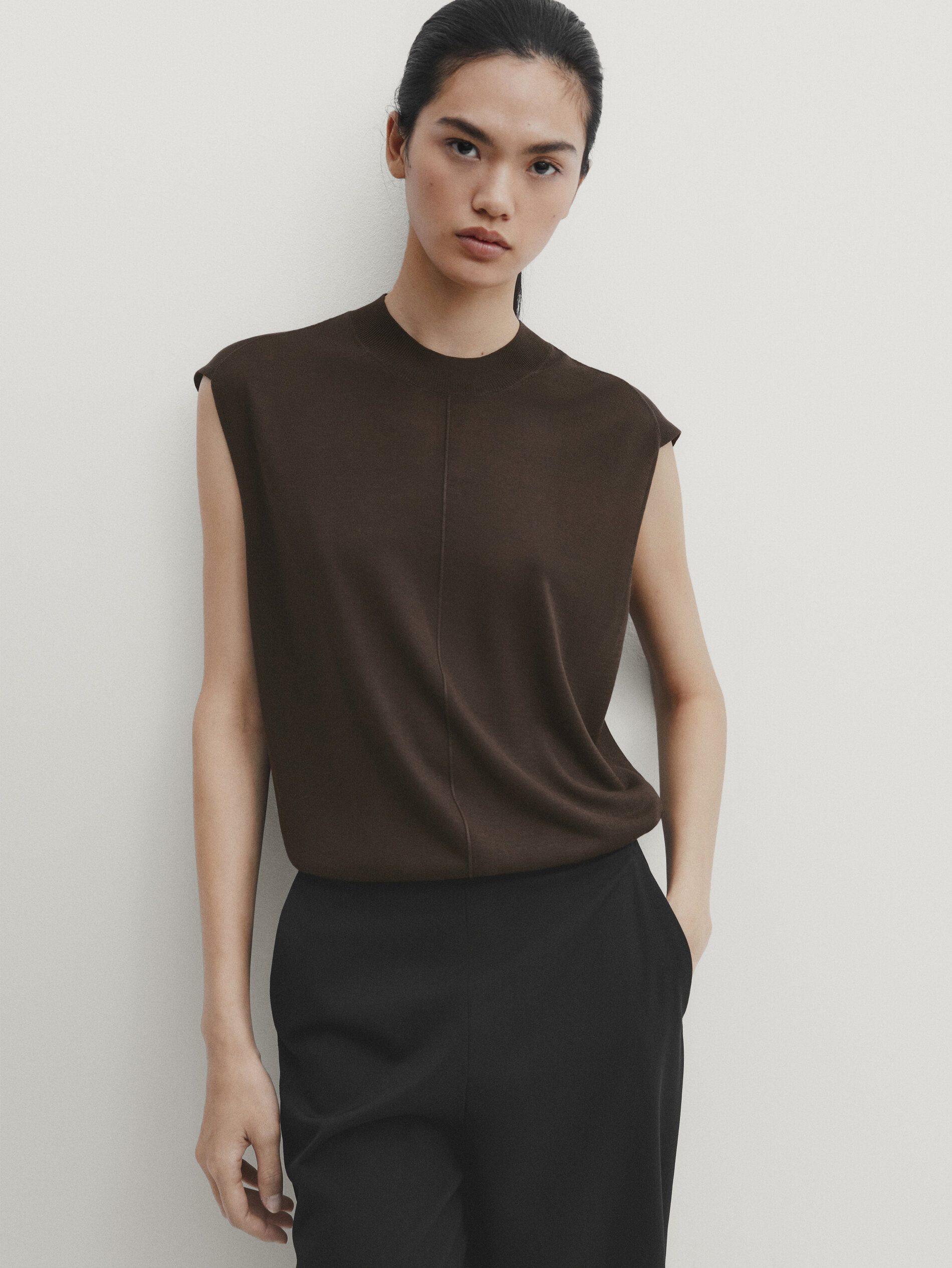 Lyocell blend top with high neck · Brown, Cream · Dressy | Massimo 