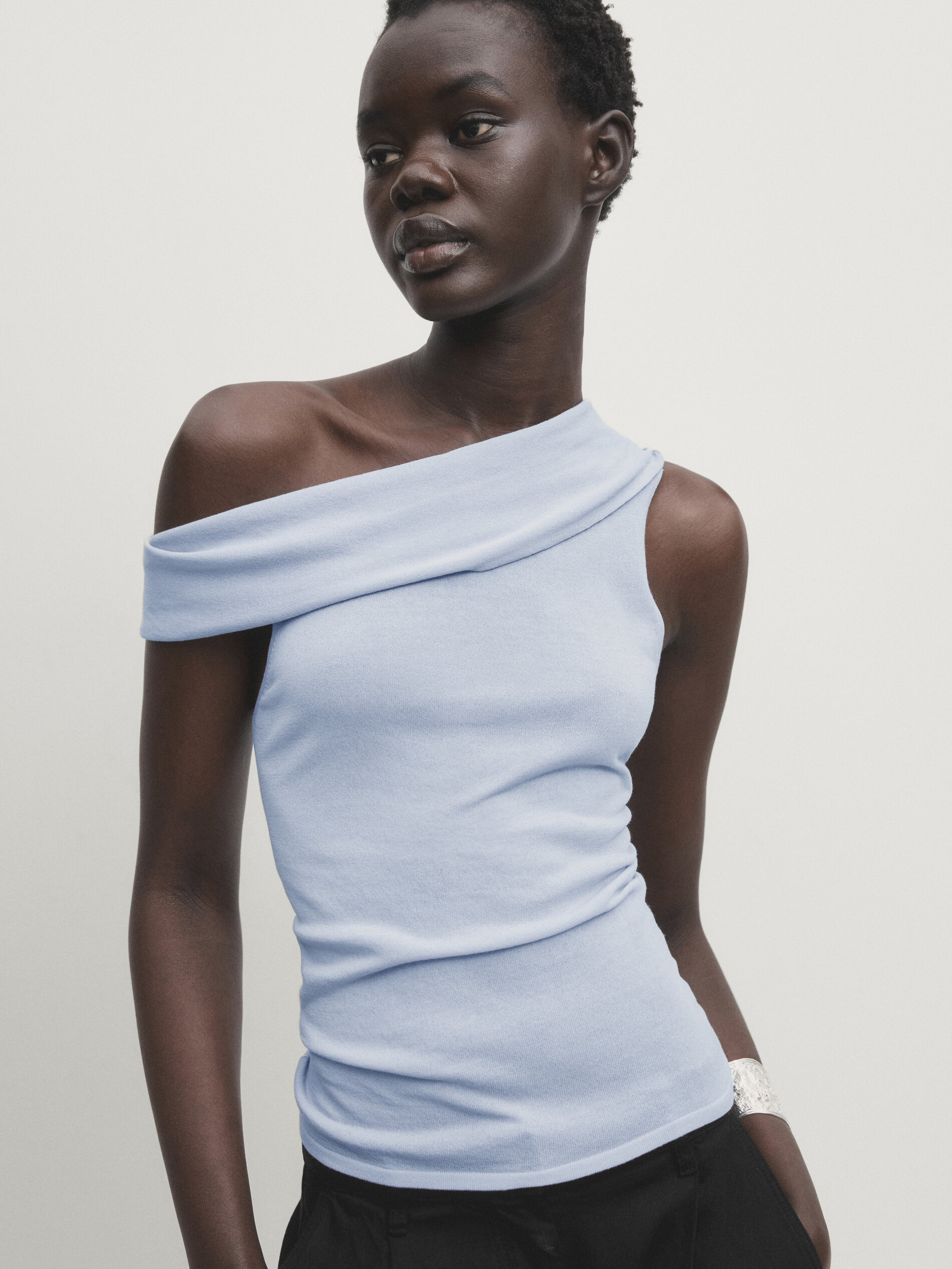 Top with asymmetric draped neckline · Light Blue · Dressy 