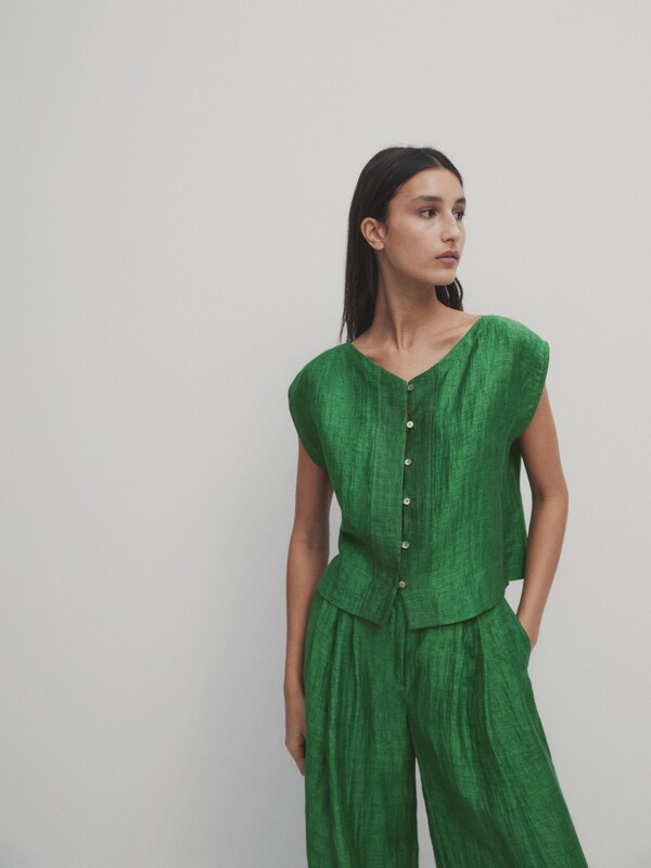 Short sleeve linen blend blouse · Green · Dressy | Massimo Dutti