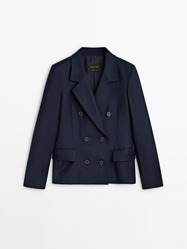 Navy blue double-breasted cropped suit blazer