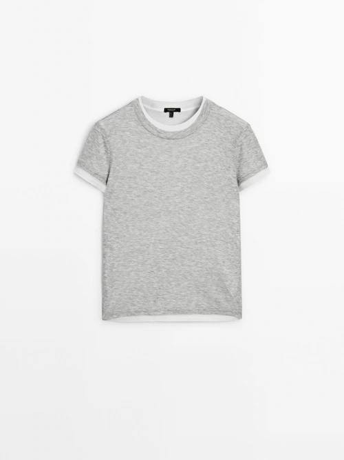 Girl's grey printed ribbed T-shirt