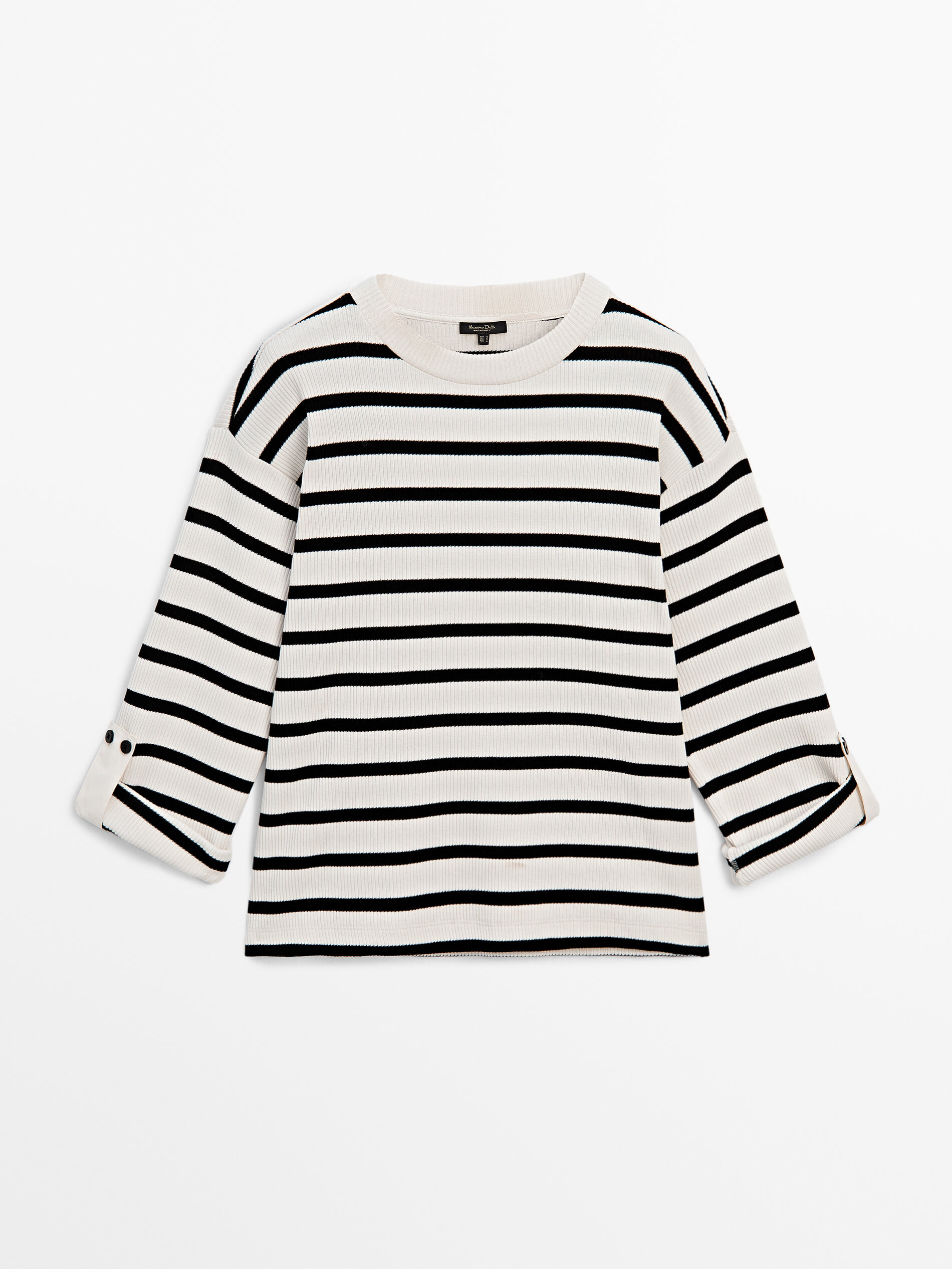 Striped ribbed sweatshirt with button-tab sleeves · Cream · T