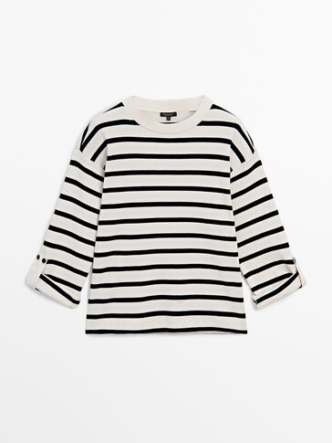 Striped ribbed sweatshirt with button-tab sleeves