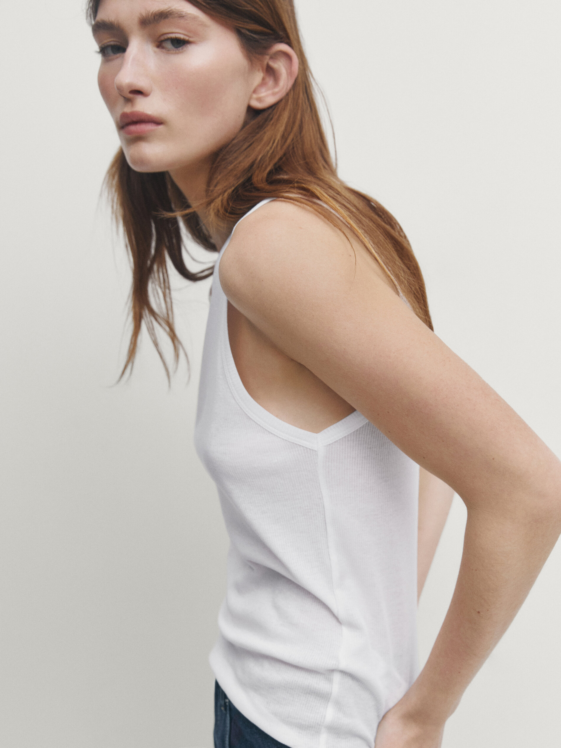 Massimo Dutti Sleeveless Halter Top With Ribbed Detail In Weiss
