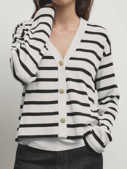 Ribbed knit striped cardigan · Cream · T-shirts And Polo Shirts | Massimo  Dutti
