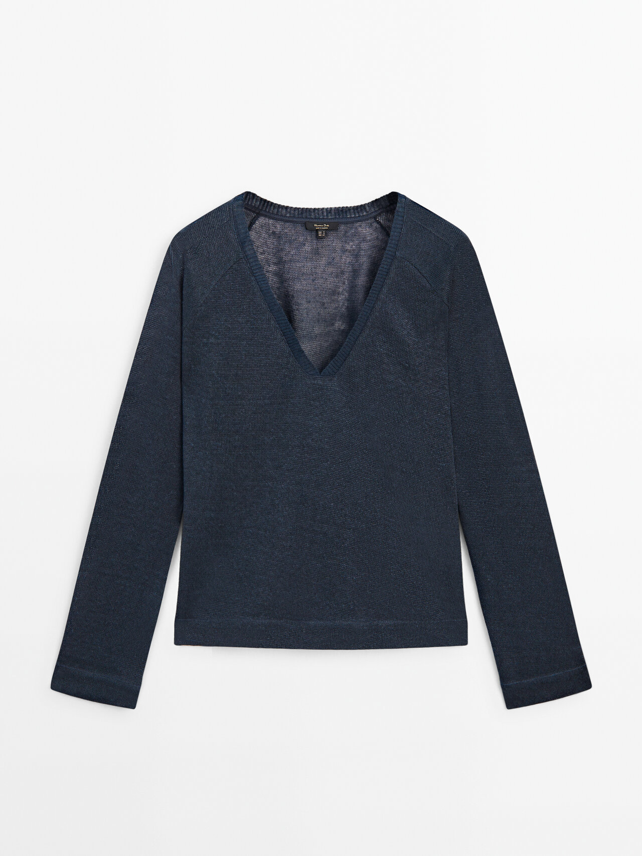 Massimo Dutti Long Sleeve Linen T-shirt With V-neck In Blue