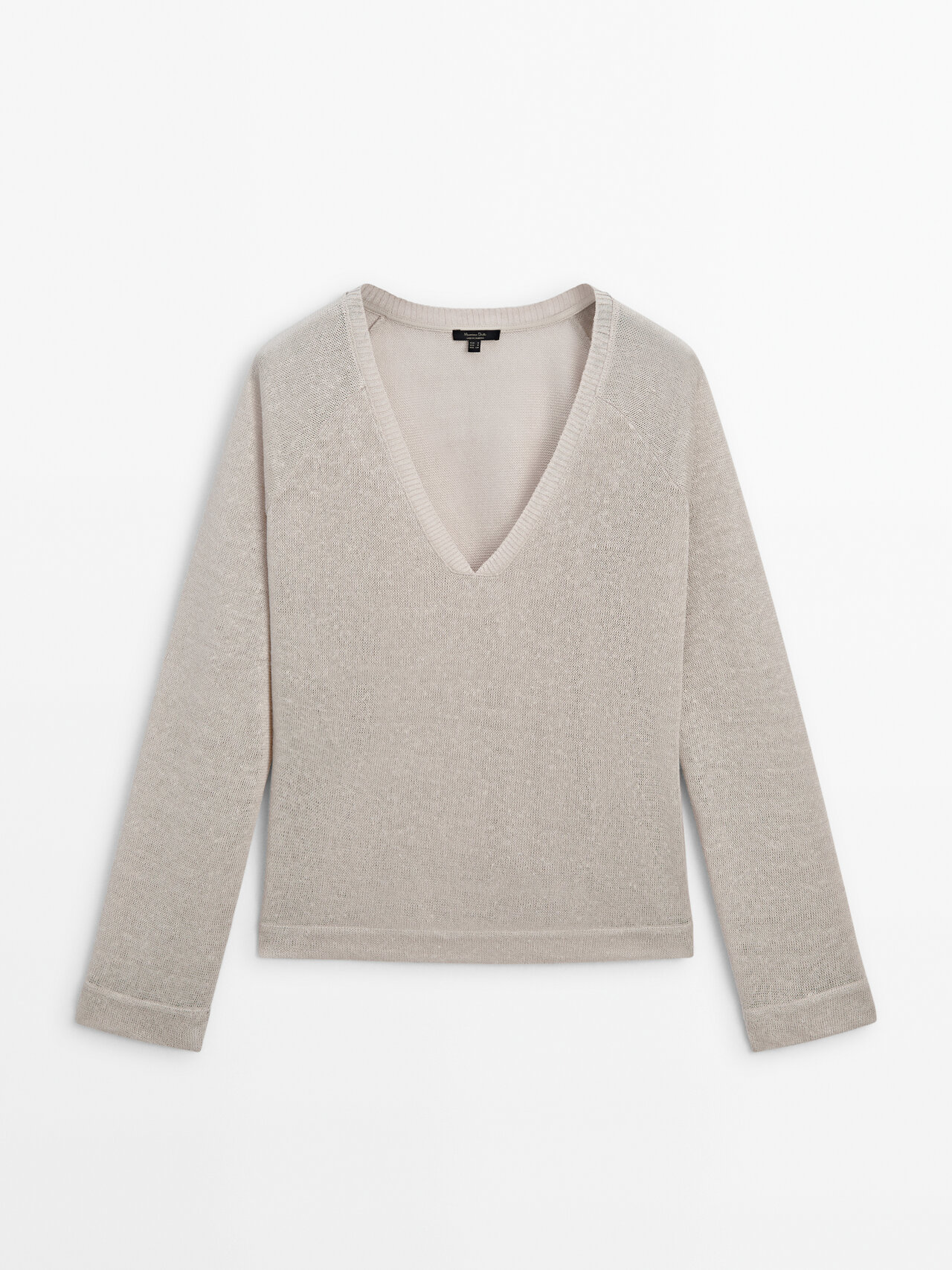 Massimo Dutti Long Sleeve Linen T-shirt With V-neck In Sand