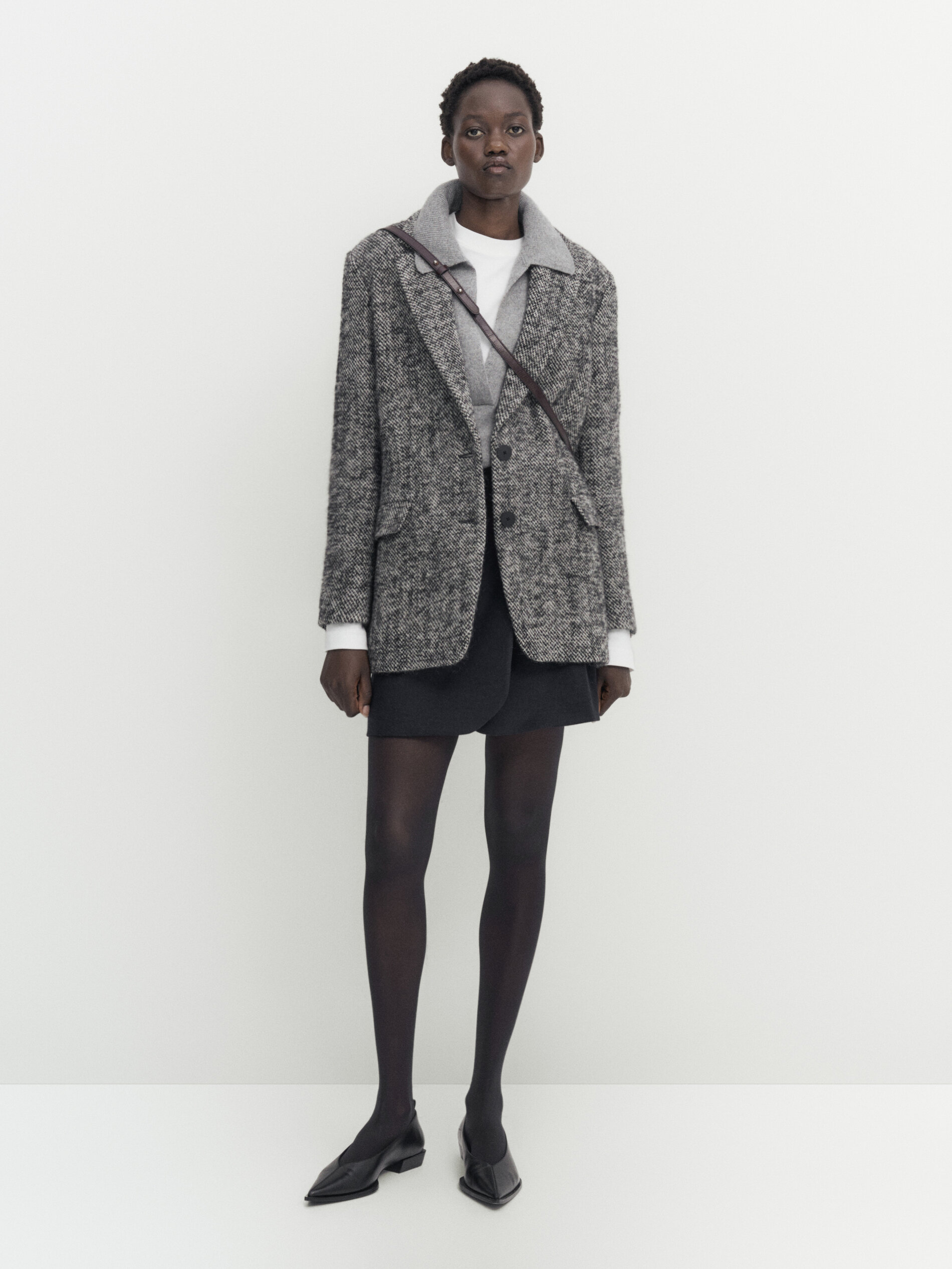 Massimo Dutti Flecked Wool Blend Pea Coat In Schwarz