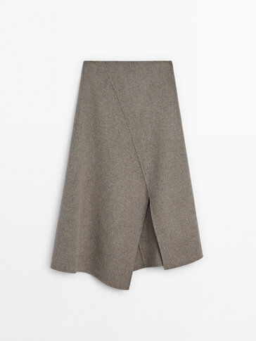 Wool-blend double-faced midi skirt with slit
