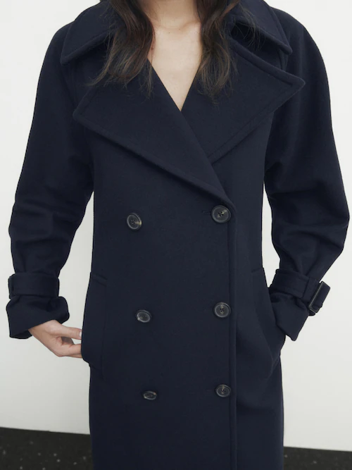Trench Coat - Long Navy Wool Coat With Velvet Cuffs