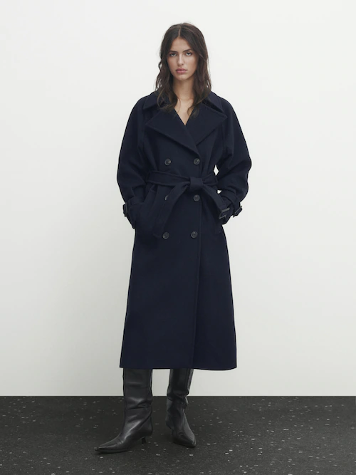 Premium Long Wool Coat, Dark blue