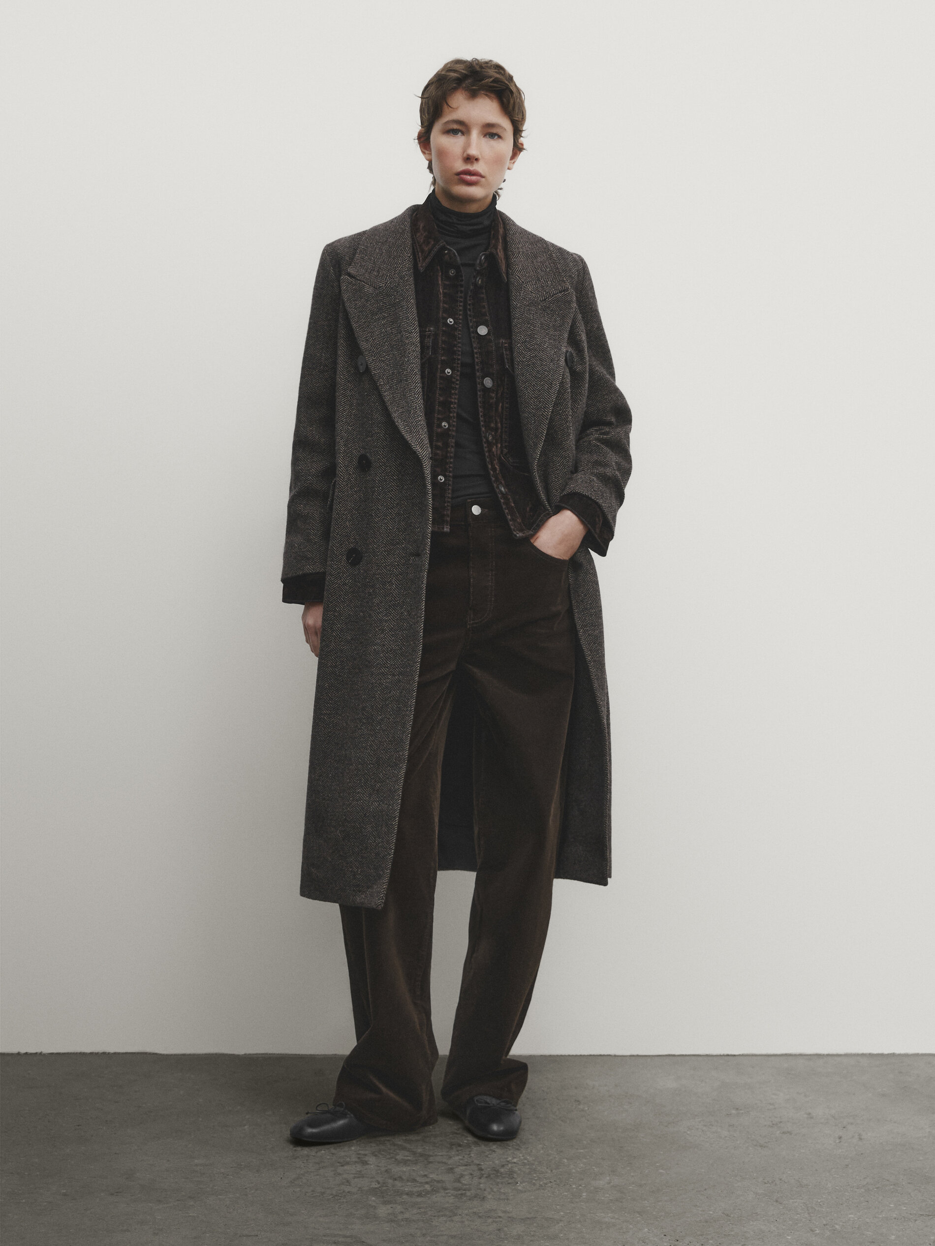 Long double-breasted wool blend herringbone coat