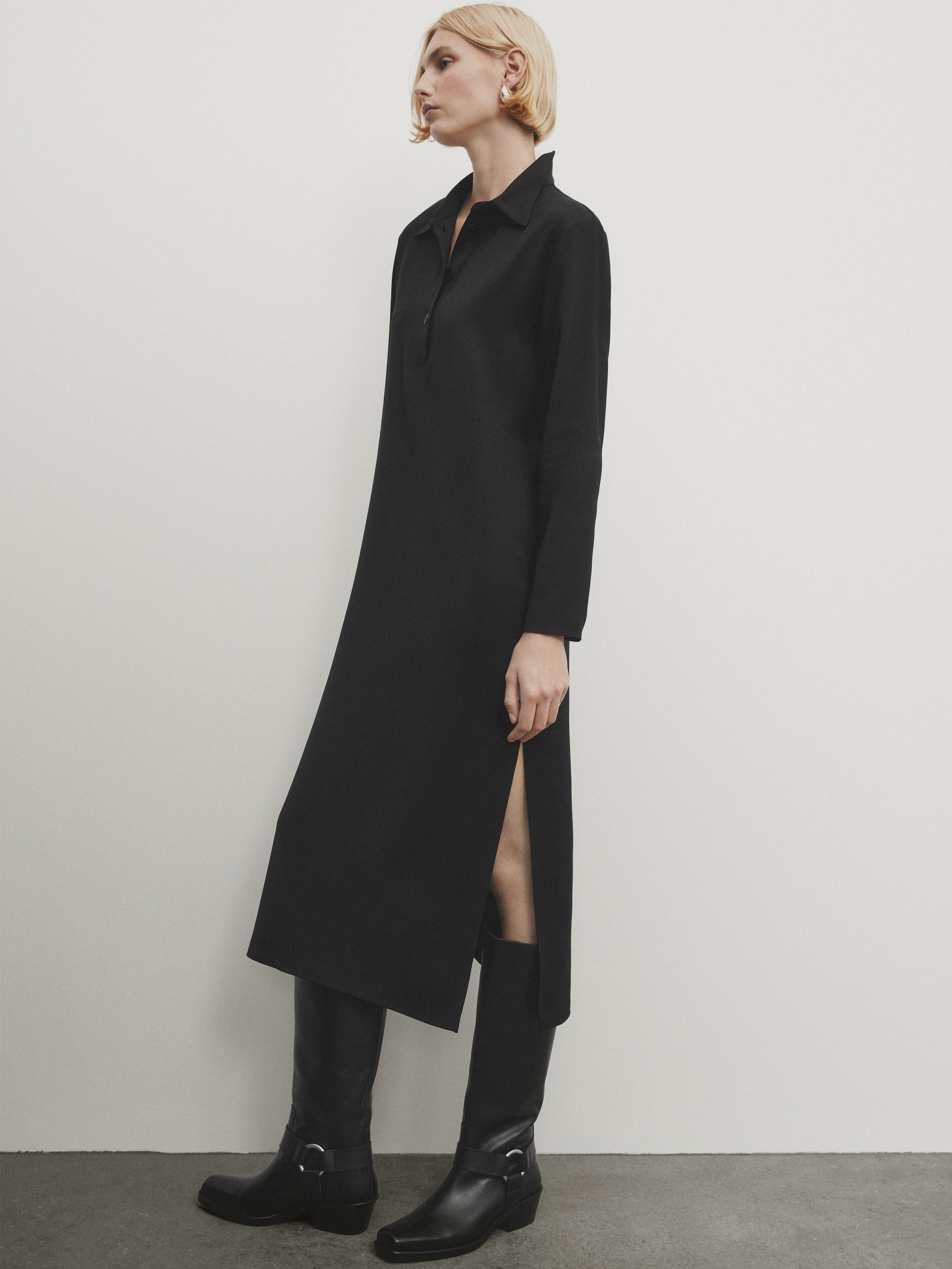 Polo collar midi dress with slit · Black · Smart / Dresses And