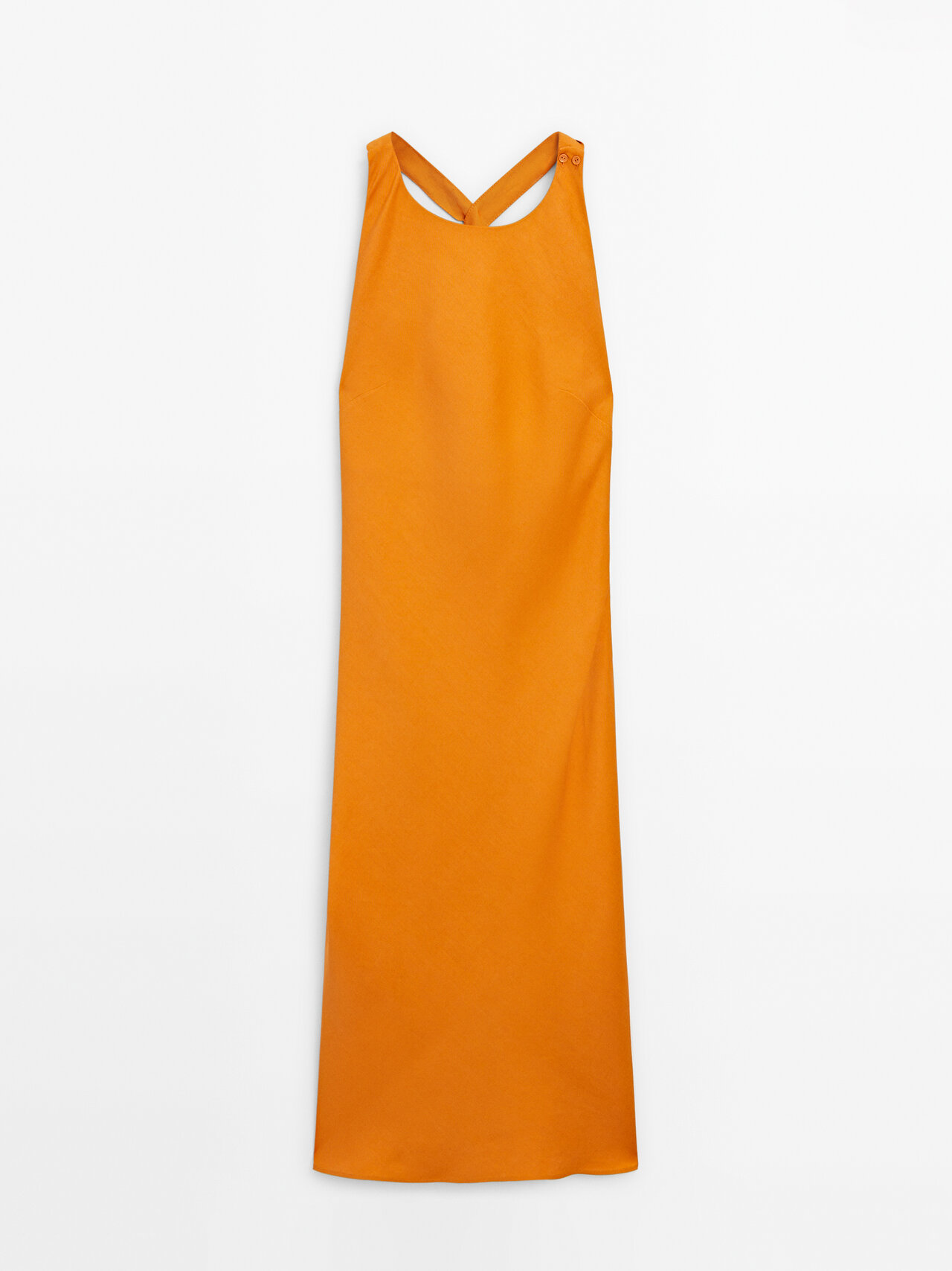 Shop Massimo Dutti Linen Blend Midi Dress With Twisted Back Detail In Orange