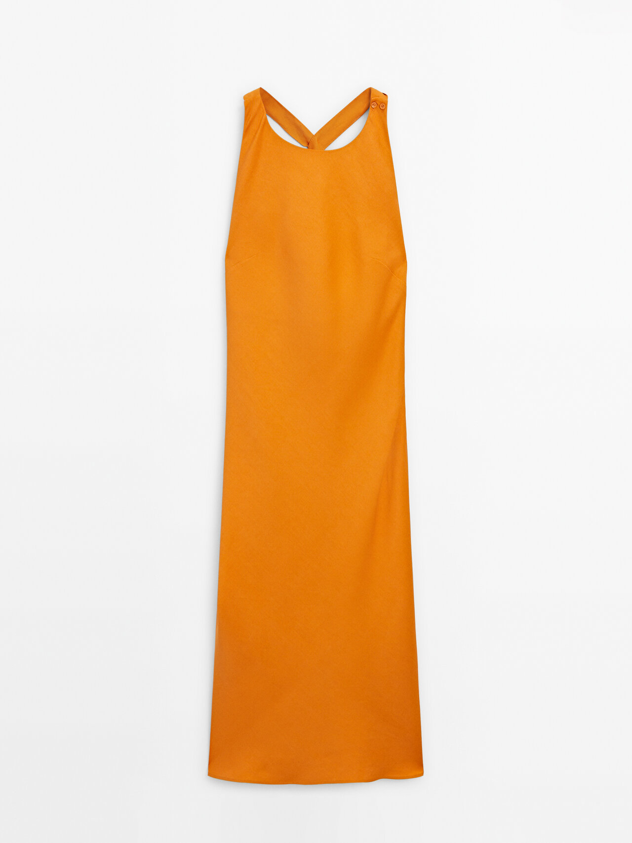 Massimo Dutti Linen Blend Midi Dress With Twisted Back Detail In Orange