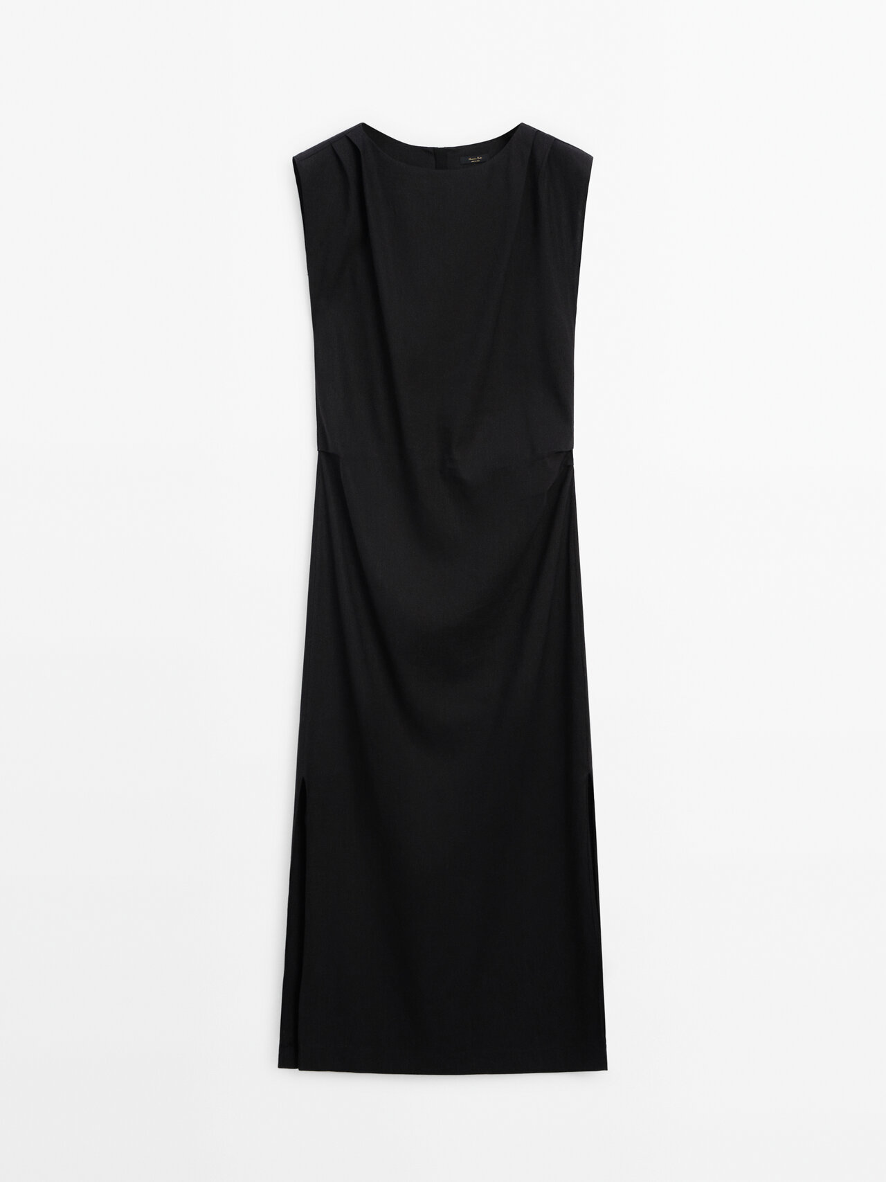 Massimo Dutti Linen Blend Stretch Dress With Pleated Detail In Black