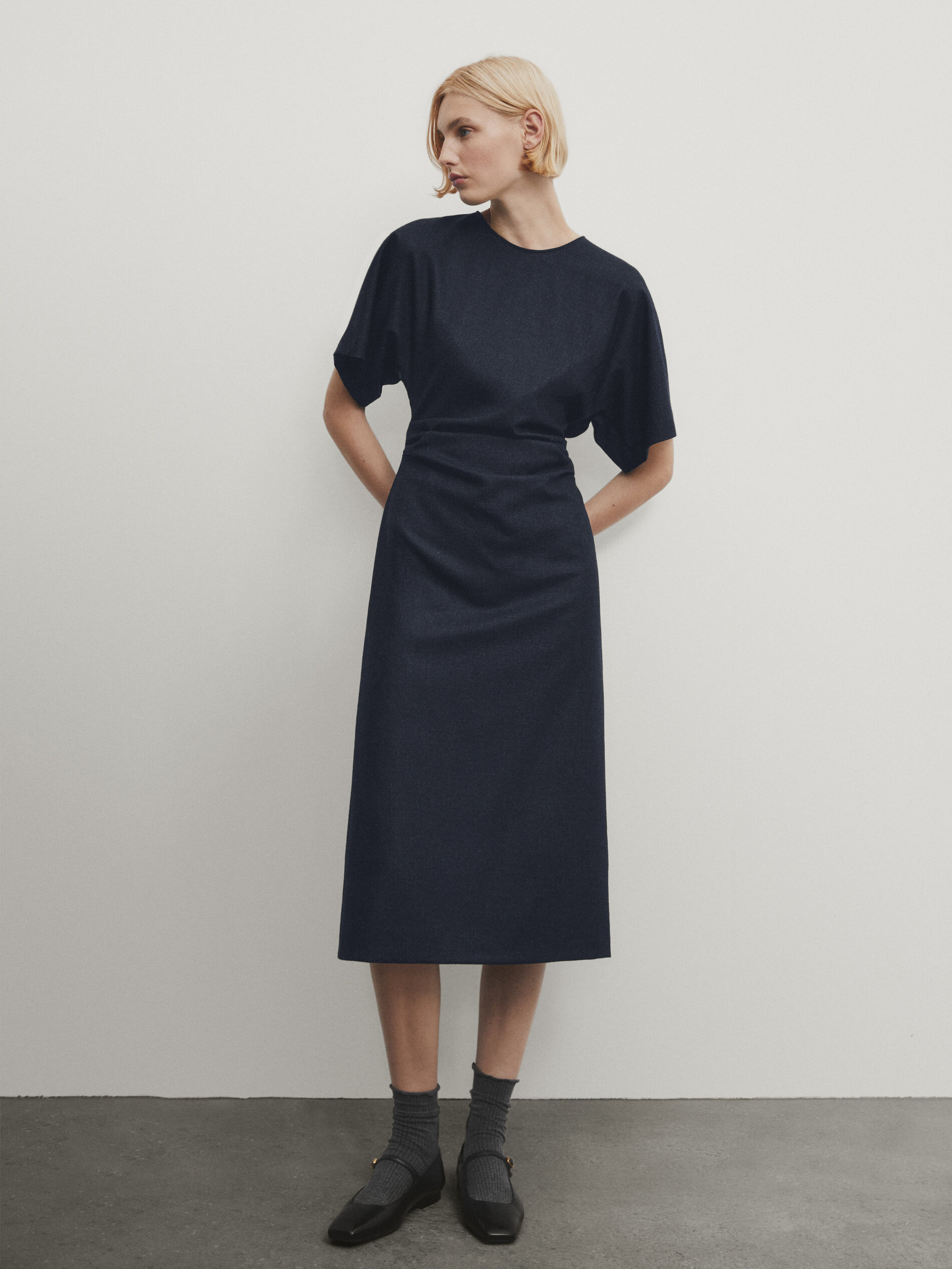 Wool blend midi dress with gathered detail · Navy Blue · Smart 