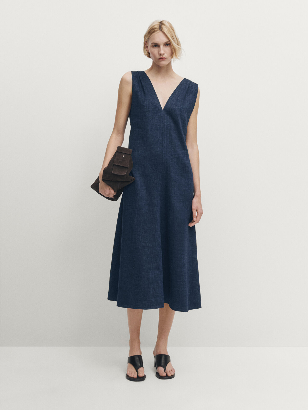 Crea Concept Denim Look Strap Dress With Balloon Hem Navy