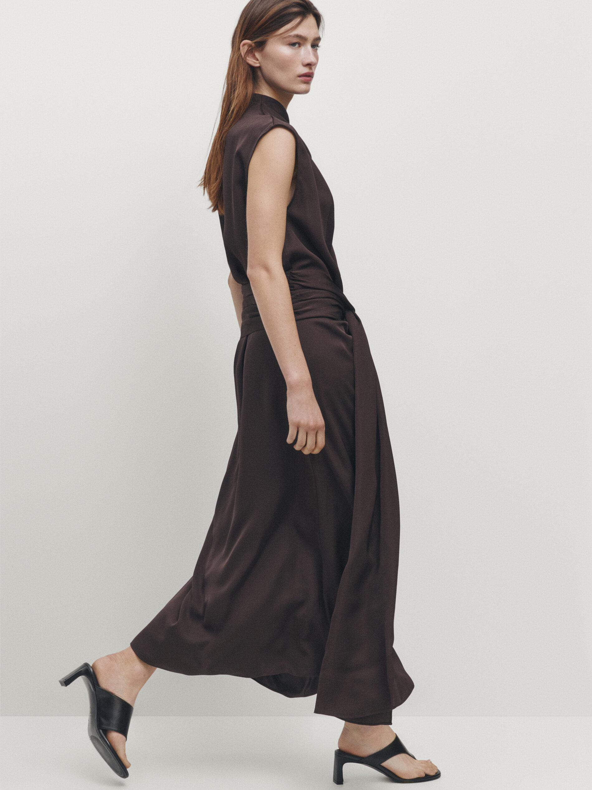 Massimo Dutti Asymmetrical Satin Dress With Lace In Schokoladenbraun