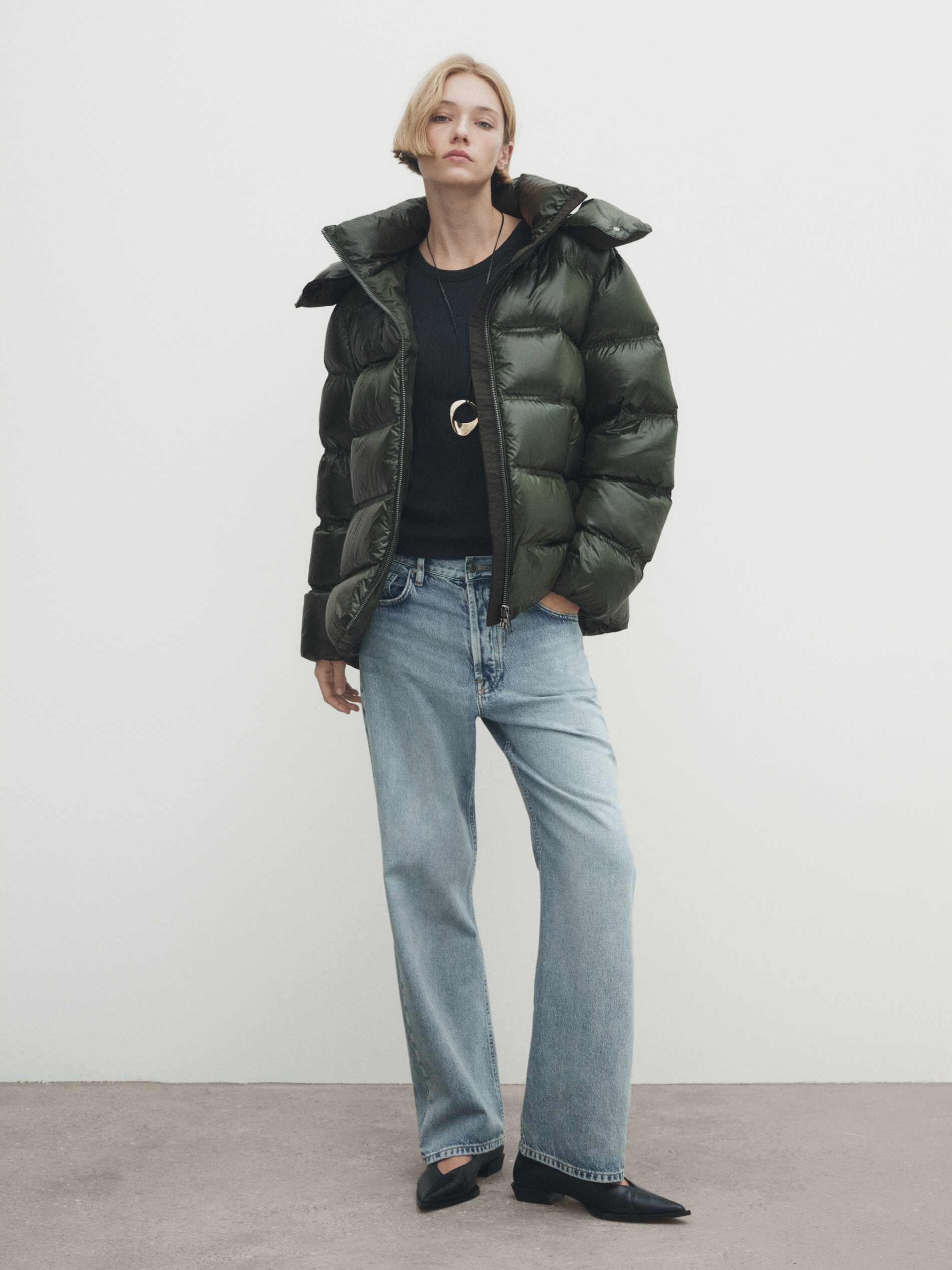 Jacket with down and feather padding and contrast hood · Green