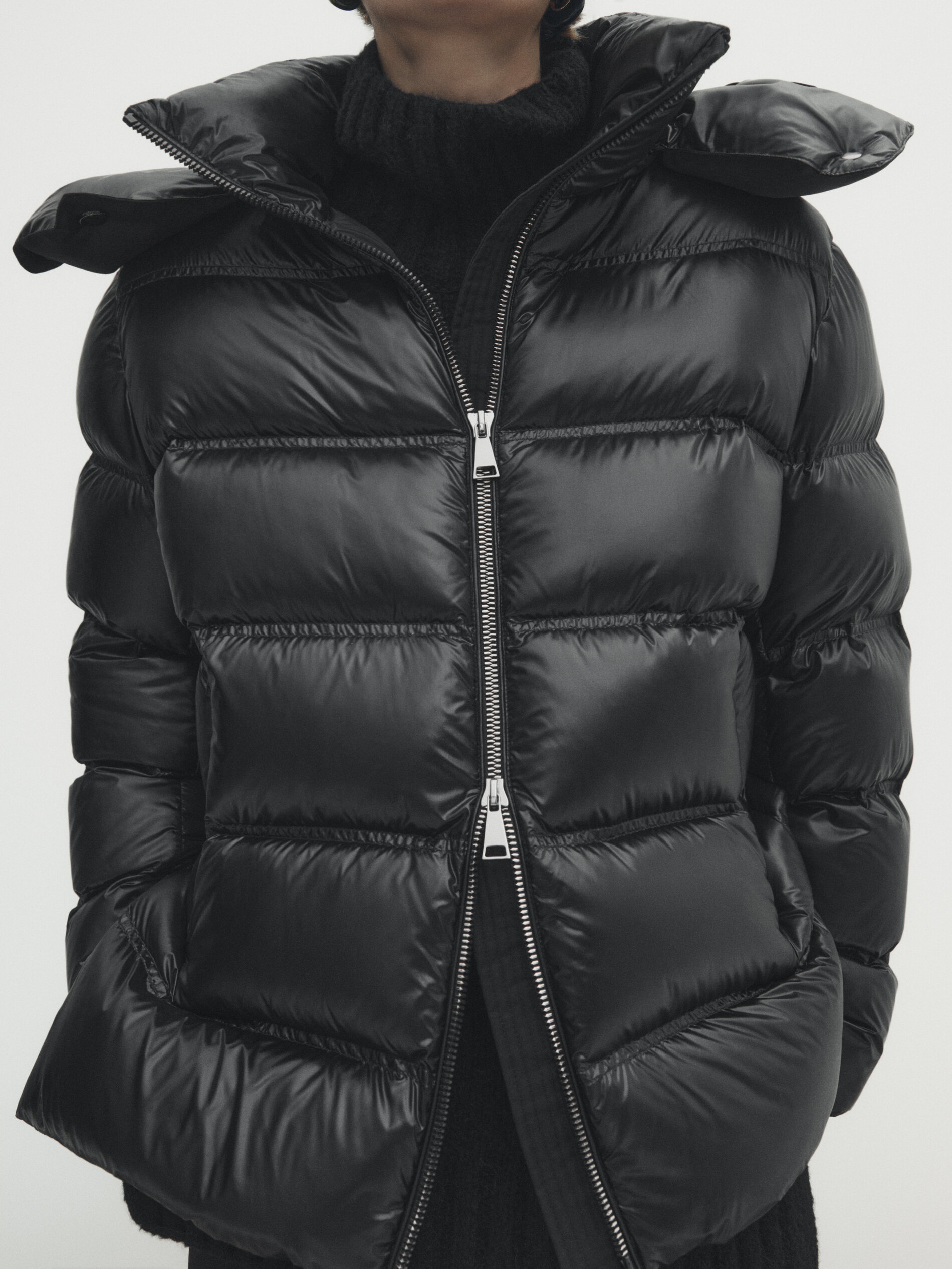 Jacket with down and feather padding and contrast hood · Black