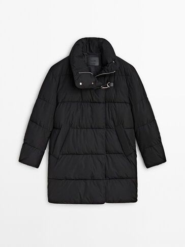 Long puffer jacket with hook detail