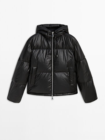 Leather-effect puffer jacket with down and feather filling