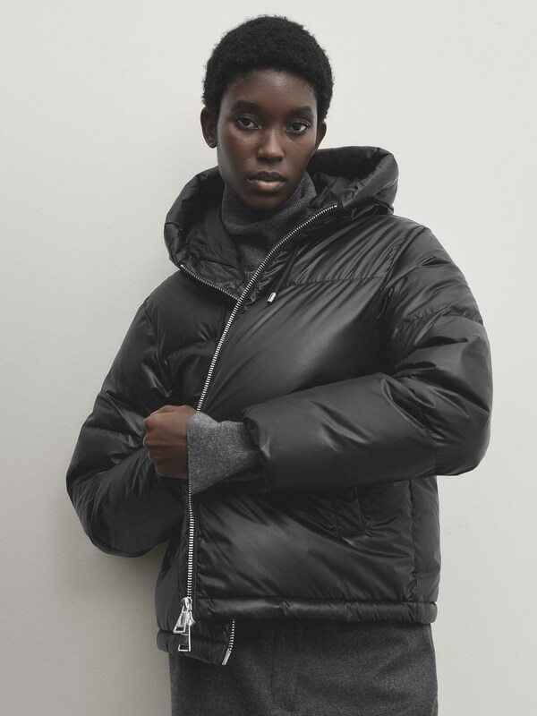 Leather-effect puffer jacket with down and feather filling · Black ...