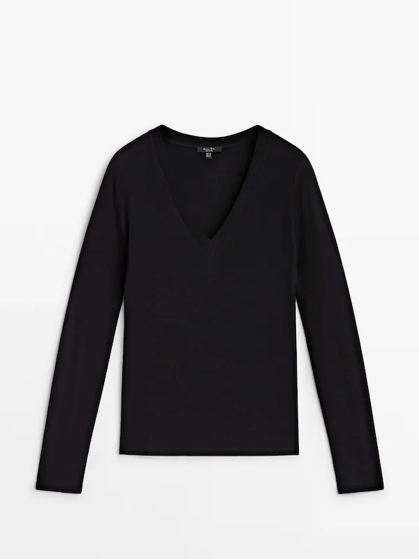 Cotton and cashmere blend V-neck T-shirt · Black, Anthracite Grey · T ...