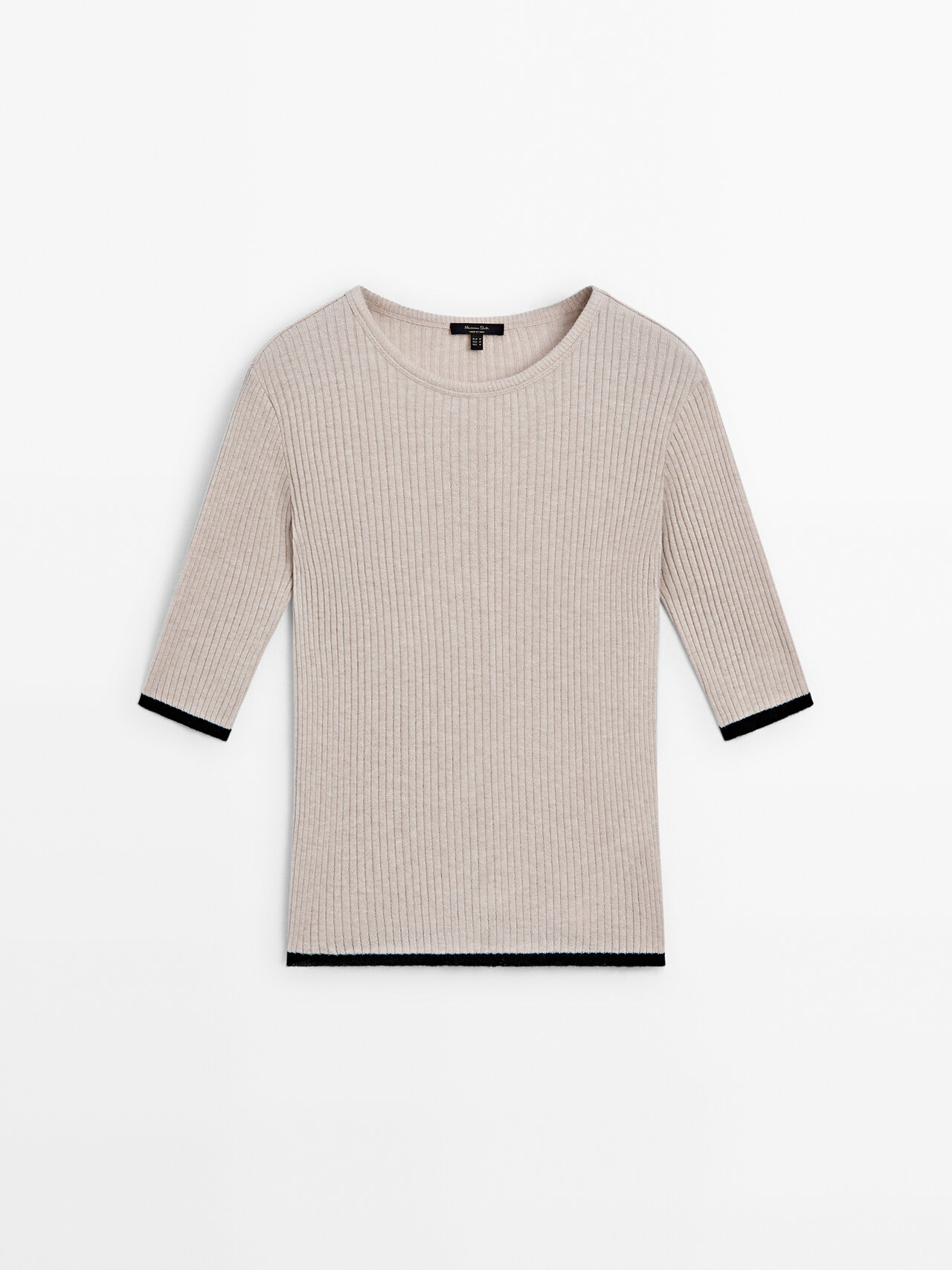 Massimo Dutti Ribbed Cotton T-shirt With Contrast Detail In Beige