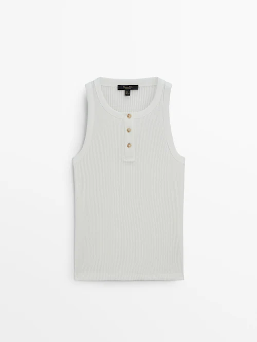 Sleeveless ribbed top with a Henley collar · Cream, Grey Marl, Stone · T- shirts And Polo Shirts