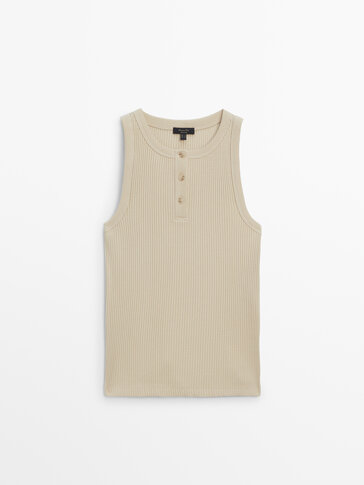 Sleeveless ribbed top with a Henley collar