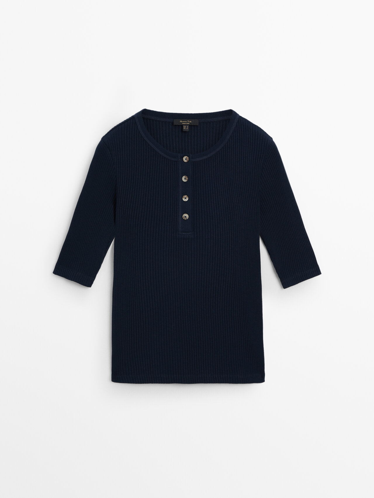 Massimo Dutti Ribbed Henley Collar T-shirt In Marineblau