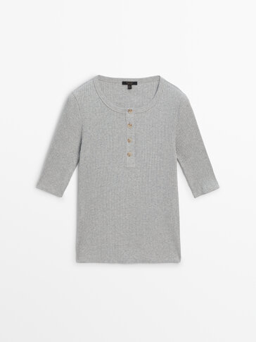 Buy Marks & Spencer Cotton Ribbed Henley Top - Grey Marl at Rs.585 online