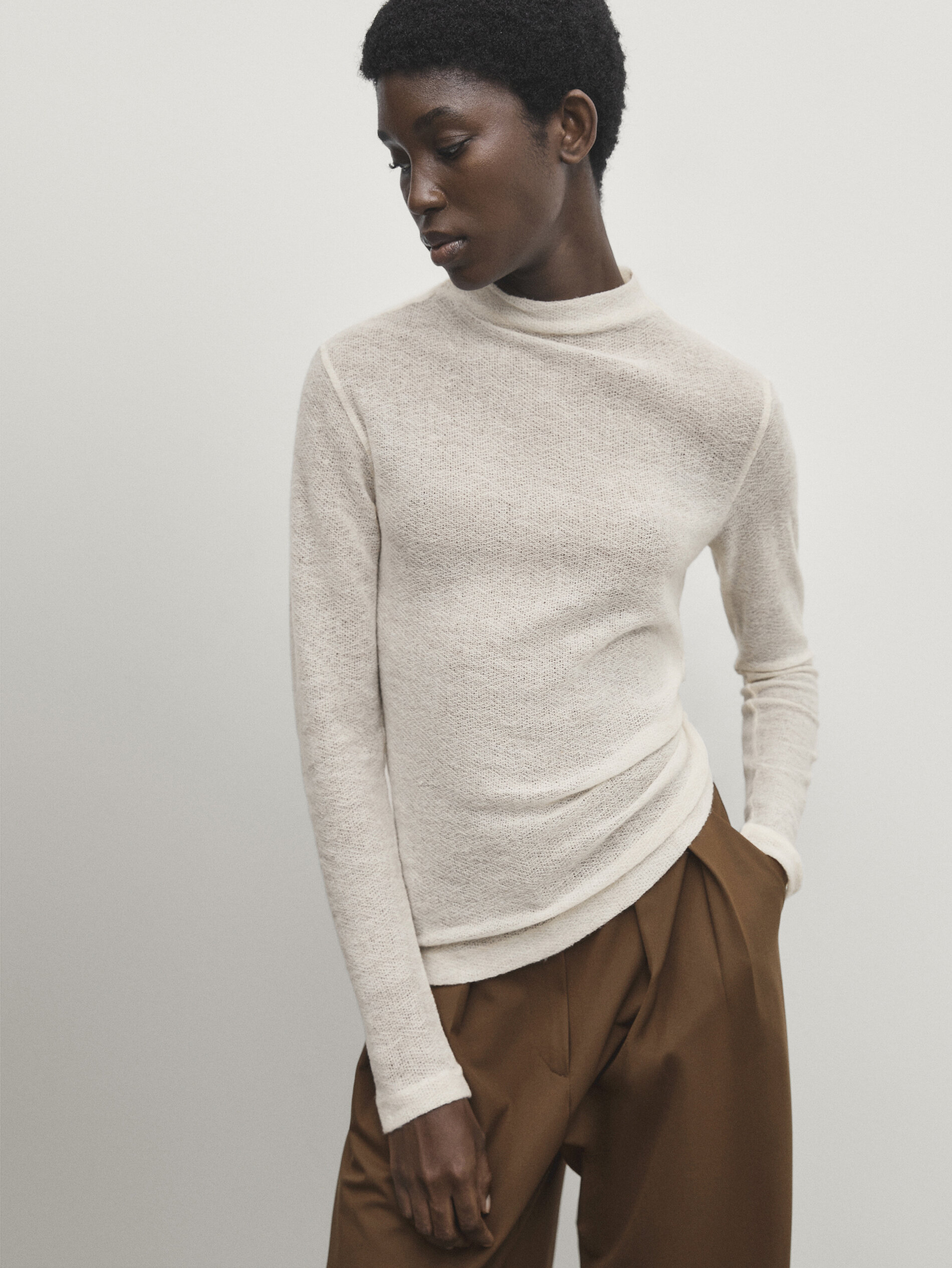 Long sleeve wool blend T-shirt with high neck · Beige Marl, Grey