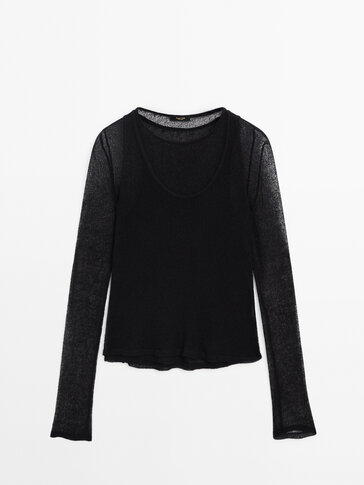 Textured cotton blend double-layer top · Black, Cream · T-shirts 