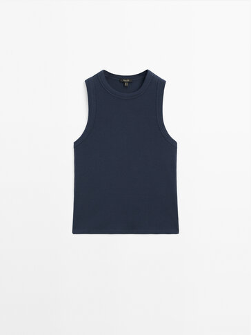 Ribbed halter top · Cream, Blue, · Dutti Navy T-shirts Black | Massimo