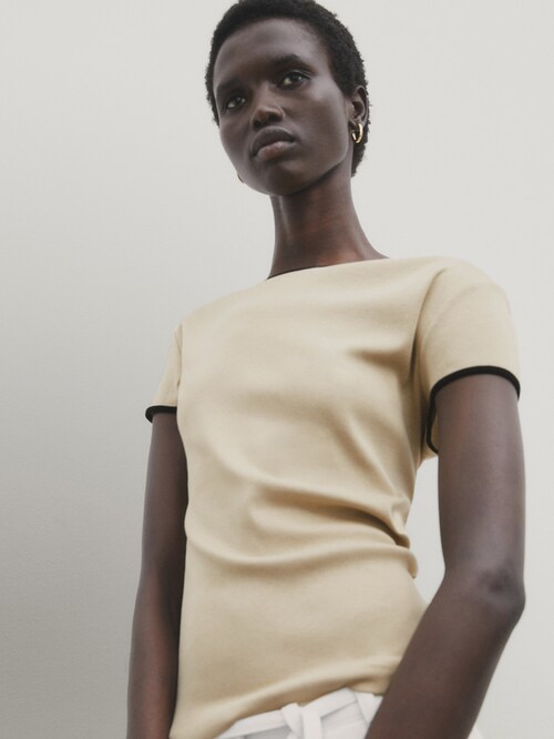 Short Sleeve Contrast T-Shirt - Stone - S - Massimo Dutti - Women
