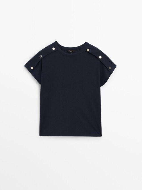 Drop-shoulder top with button detail · Navy Blue, Cream · T-shirts