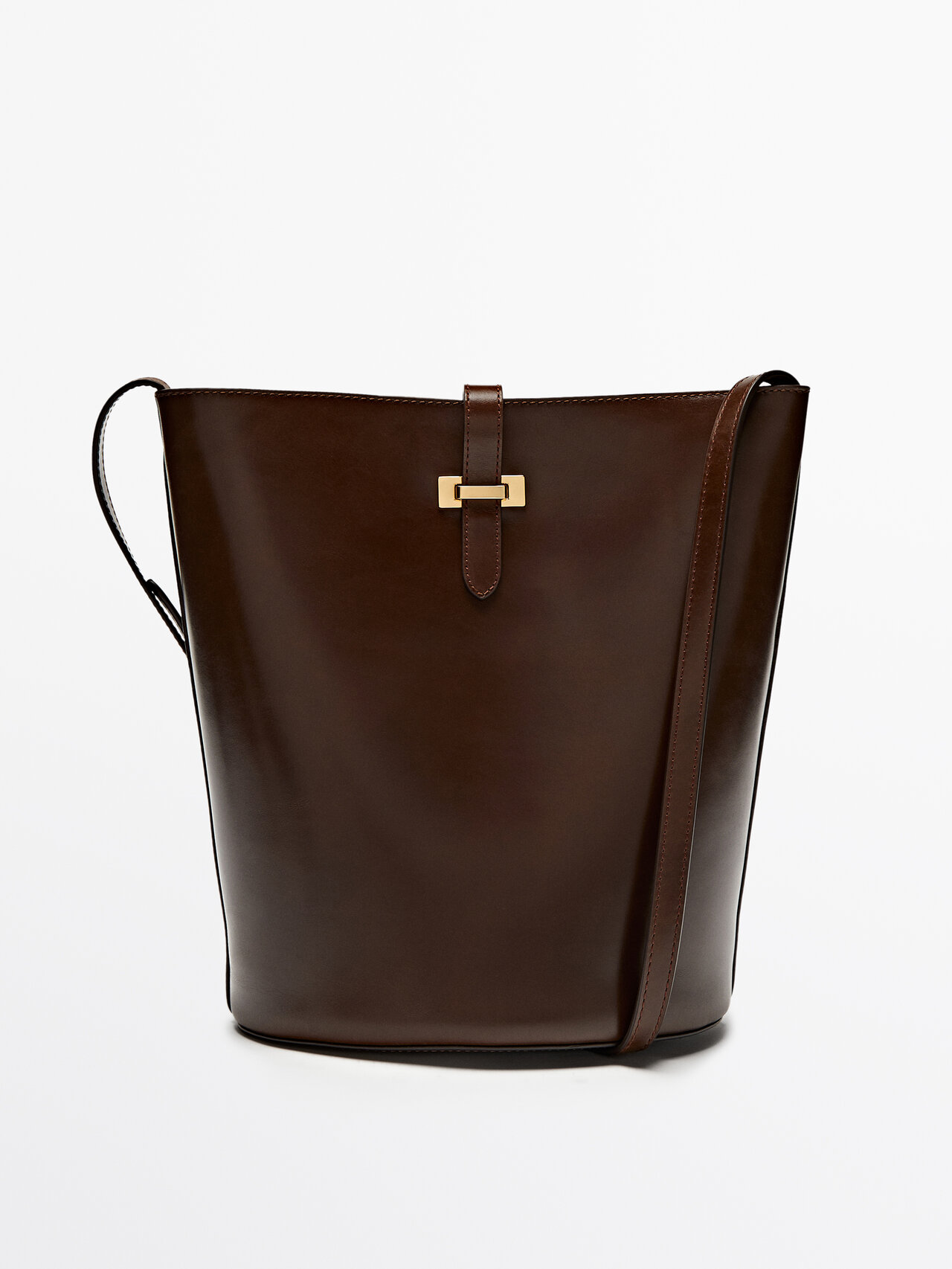 Massimo Dutti Nappa Leather Bucket Bag With Buckle In Brown
